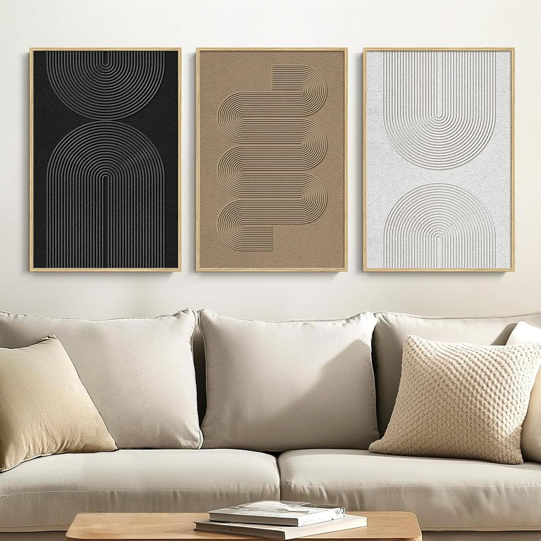 Framed Black and White Brown Abstract Wall Art, 3 Piece Boho Geometric Canvas Prints Paintings Artwork for Walls, Modern Minimalist Neutral Pictures for Living Room Dining Room Bedroom Wall Decor 16x24 In (Boundless Lines)