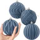 Blueweenly 4 Pcs 4 Inch Large Velvet Christmas Ball Ornaments Vintage Christmas Plastic Ball Ornaments Flocked Tree Hanging Decoration for Xmas Party Wedding Home Decor(Grey Blue)