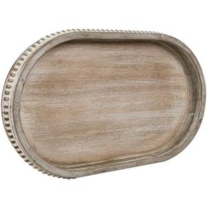 MAONAME Wood Serving Tray, Farmhouse Wooden Tray for Coffee Table, Oval Beaded Trays, Washed White Decorative Trays for Living Room, Kitchen, 15" X 9" X 1.2"