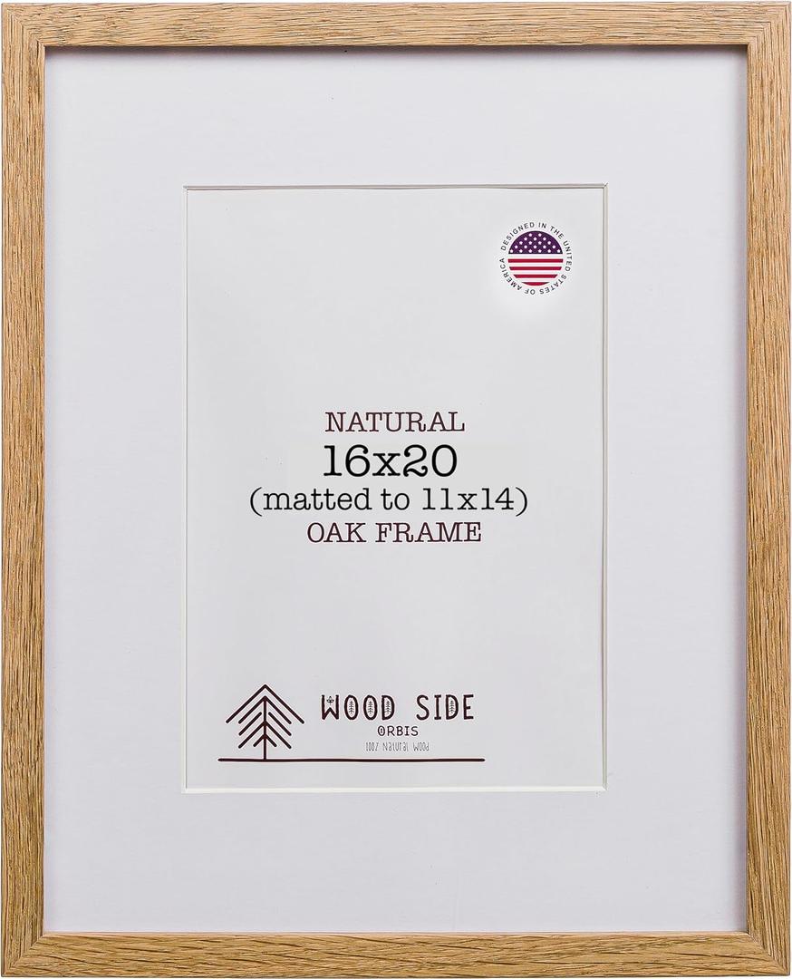 Oak Wood Picture Frames 16x20 with Mat for 11x14 - Natural Solid Wood Photo Frame Real Glass Wall Hanging