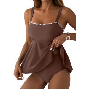 Aleumdr Slimming Swimsuits for Women High Waisted Tummy Control Tankini Set Push Up Bandeau 2 Piece Bathing Suit Dark Brown Large