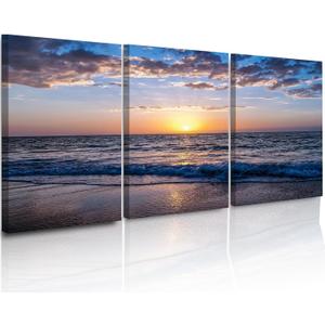 Craftline - 3 Piece Beach Coastal Wall Art for Living Room Sunrise on Blue Sea Scenery Print on Canvas Ocean Seascape Poster Modern Ocean Wave Framed Artwork for Washroom Bedroom Decor 18x24inch x3Pcs
