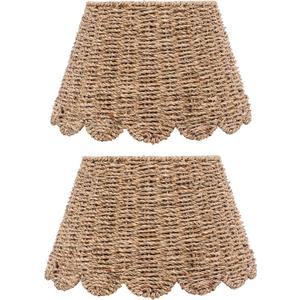 Riakrum 2 Pcs Scalloped Seagrass Lamp Shade 9" Top x 14" Bottom x 9-1/2" Slant Rattan Scalloped Lamp Shade for Table home