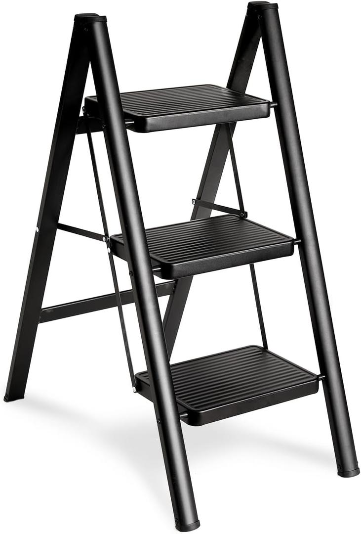 Double Elite Step Ladder 3 Step Folding, Sturdy 330 Lbs Load Small Step Stool for Adults, Safer Full Steel Multi-use Kitchen Ladder for Home, Closet Step Stool Ladder with Wide Pedals, Black, 3-Step