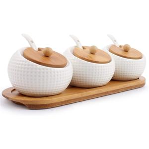Porcelain Condiment Jar Spice Container with Lids - Bamboo Cap Holder Spot, Ceramic Serving Spoon, Wooden Tray Best Pottery Cruet Pot for Your Home, Kitchen, Counter. White,170 ML (5.8 OZ), Set of 3