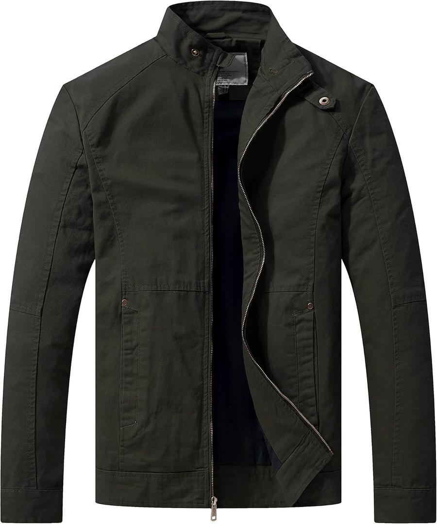 WenVen Men's Casual Canvas Cotton Military Jacket Lightweight Zip Up Outwear (Large, Army Green)