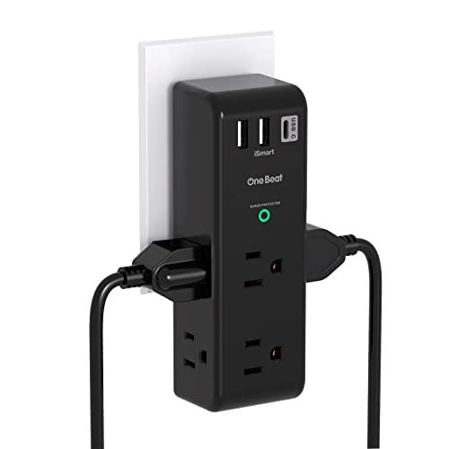 Surge Protector Outlet Extender with Rotating Plug, One Beat 6 AC Multi Plug Outlet with 3 USB Ports (1 USB C), 1800 Joules, 3-Sided Swivel Power Strip, Spaced Outlet Splitter for Dorm, Office, Black