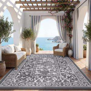 Garvee Outdoor Rug 10x14, Waterproof Reversible Foldable Plastic Straw Rug, Botanical cottage core Large Outdoor Rugs Patio Camping RV Carpet for Deck Camper Porch Balcony Backyard Picnic Beach Grey