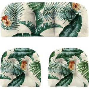 3 Pieces Waterproof Chair Cushions for Patio Wicker Furniture Set
Indooor Outdoor Replacement Cushions for Loveseat and Chairs, Floral Wicker Chair Cushions for Porch Lawn Sofa, White Green