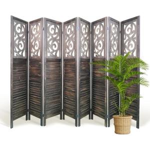 Room Divider, 5.6FT Folding Room Divider Panel, 8 Panel Craved Wood Partition Wall Divider for Room Separation, Rustic Brown