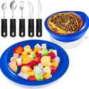 2 Sets Adaptive Utensils Bowl and Plate Set Adaptive Self Feeding Dinnerware with Suction Base Non Slip Bendable Cutlery for Elderly Disabled Hand Tremors Arthritis Parkinson (Blue)