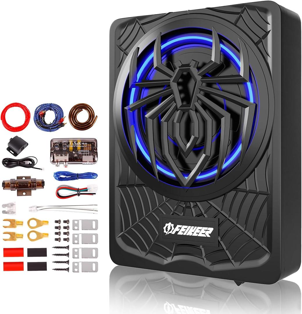 NEW 10" 1200W Subwoofer, BLUE Slim Underseat Car Subwoofer and Amp Package.Under-Seat Subwoofer with Amp, Individual Control for Low Pass/Gain/Boost Bass.Deep Bass Perfect for Truck/SUV/Jeep/MPV