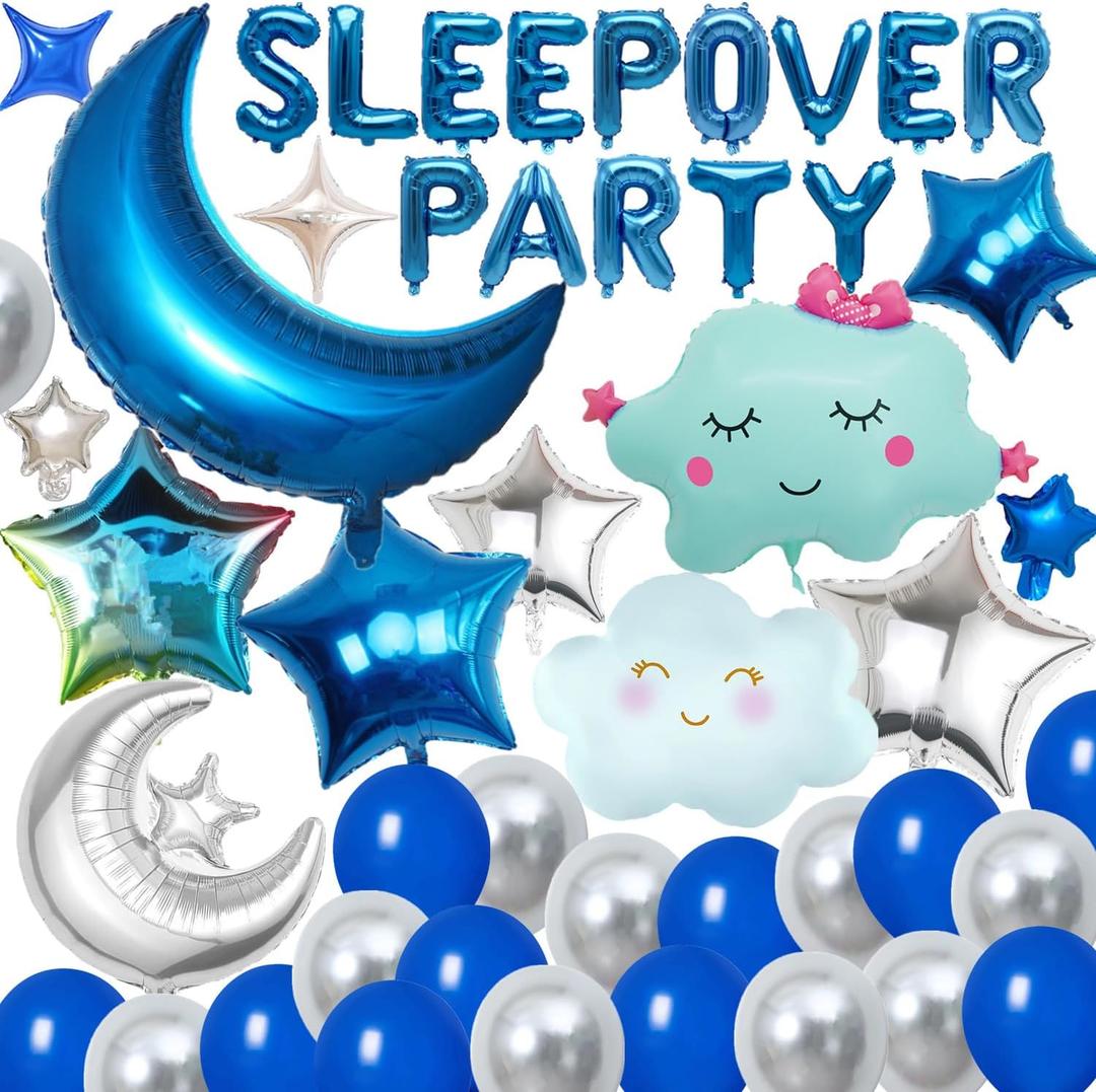 47 Pieces Sleepover Party Decoration Blue Sleepover Birthday Party Balloons Banner Cute Moon Star for Kids Boys Girls Pajamas Slumber Night Out Party Decoration (Black)