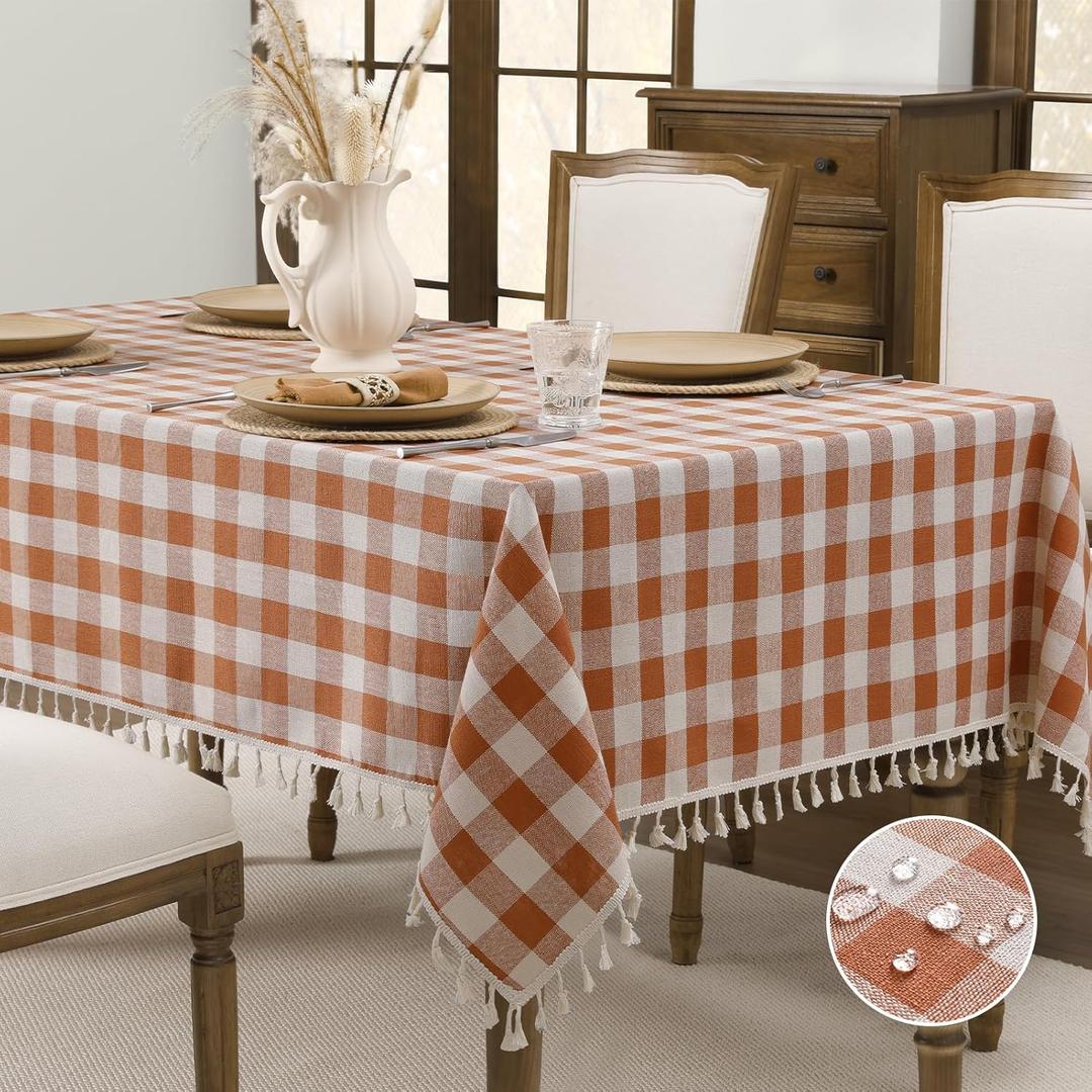 Romanstile Fall Checkered Tablecloth Rectangle, Thanksgiving Linen Cotton Gingham Table Cloth with Tassel, Wrinkle Free Buffalo Plaid Table Cover for Dining Party Decor - 55 x 70 Inch, Orange