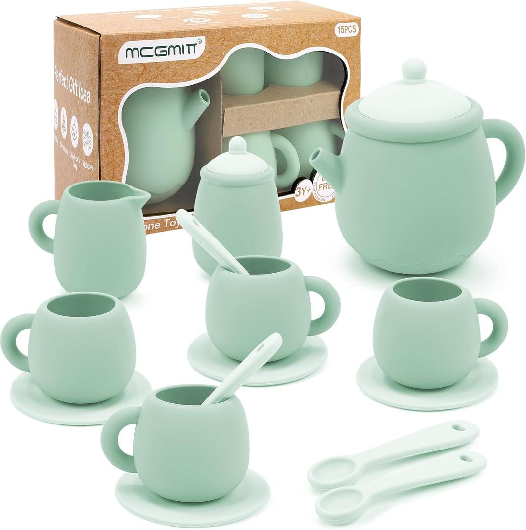 MCGMITT Silicone Tea Set, Tea Party Set for Little Girls Boys, 15 Pcs BPA Free Dishwasher Safe Pretend Tea Set for Toddlers Kids Age 3-6, Cute Toy Kitchen Accessories for Children Birthday Gifts (Green)