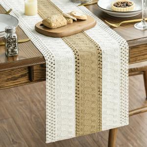 Artoid Mode Burlap Brown Farmhouse Rustic Table Runner, Seasonal Holiday Hollow Kitchen Dining Table Decoration for Home Party Decor 12x36 Inch