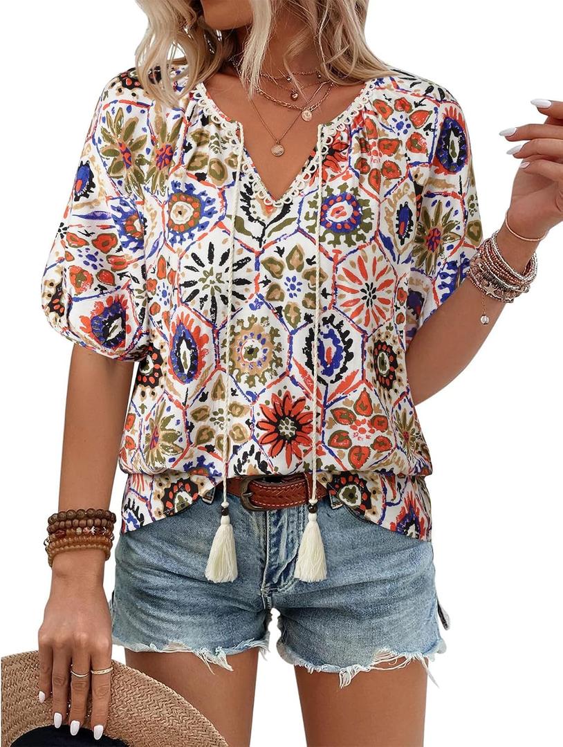 Vivilli Womens Summer Boho Tops Casual V Neck Short Sleeve Blouses Floral Print Shirt Tie Front Flowy Vacation Clothes, XL