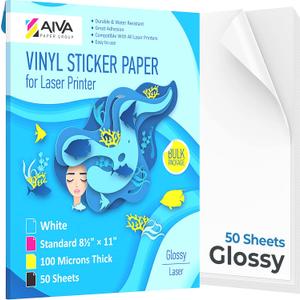 Printable Vinyl Sticker Paper for Laser Printer - Glossy White - 50 Self-Adhesive Sheets - Waterproof Decal Paper - Standard Letter Size 8.5"x11"