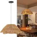19.68" Rattan Pendant Light Fixture, 3-Light Boho Hanging Light Fixture Ceiling Mount, Bohemian Woven Wicker Flush Mount Hanging Lamp, Adjustable Rattan Chandelier for Kitchen Island Hallway (Brown-3 Light)