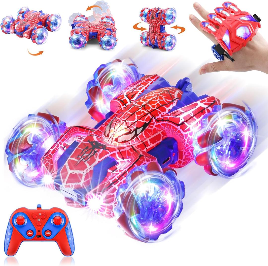 Gesture Sensing Remote Control Car, 2.4Ghz RC Cars with Wholebody Light & Headlight, Hand Controlled Double Sided Rechargeable RC Stunt Car Spider Toys for Boys 4-6 5-7 8-13 (Dual Control Red)