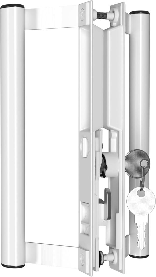 Sliding Glass Door Handle Set with Interior and Exterior Handles, 6-5/8", Fits 1" to 1-1/8" Thick Doors. (White - Round Tube Handle 2 Sides, Straight Tube Handle with Key)