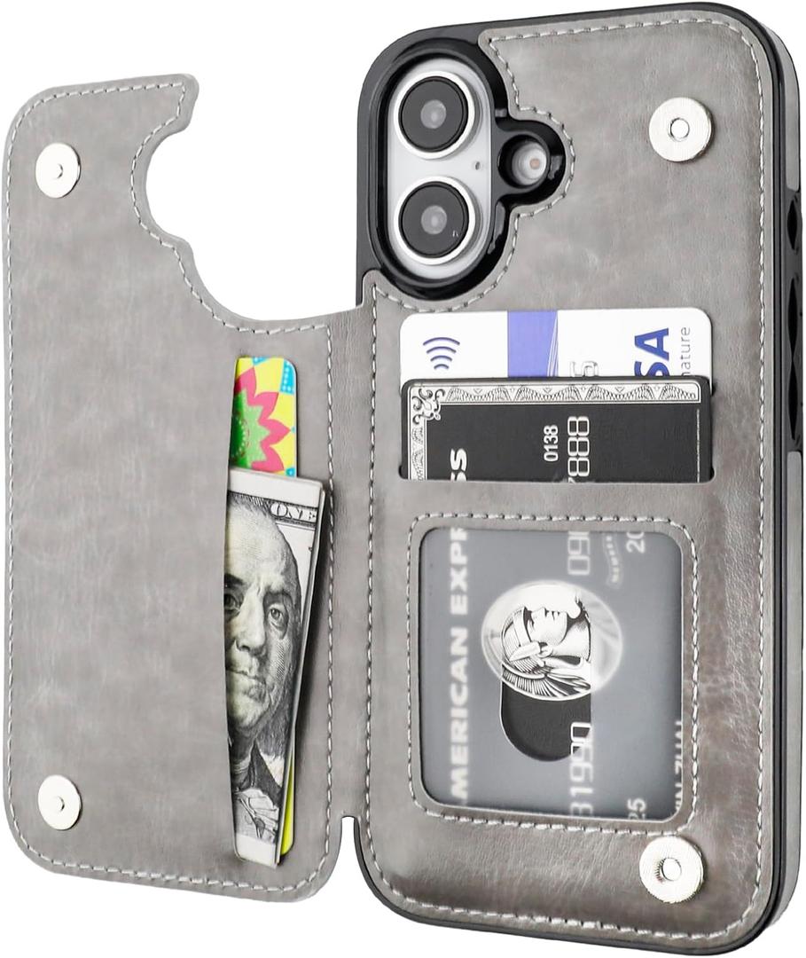 Compatible with iPhone 16 Wallet Case with Card Holder, PU Leather Kickstand Card Slots Case, Double Magnetic Clasp and Durable Shockproof Cover 6.1 Inch (Gray)