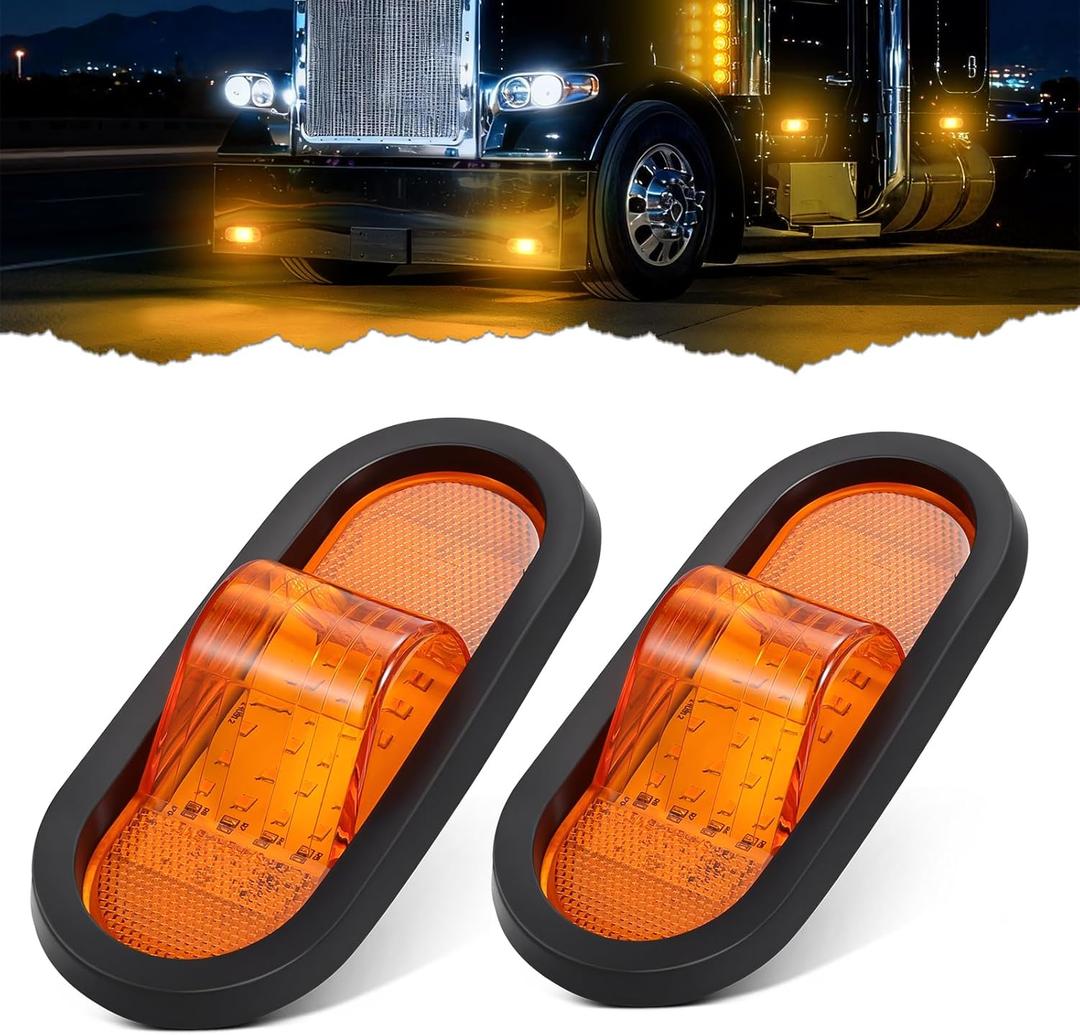 2PCS 6.5 Inch Oval LED Side Marker Lights 24 LED Mid Turn Signal Amber Marker Lights w/Reflex Lens, Rubber Grommet Sealed 6 Inch Led Mid-Ship Marker and Turn Signal Lights for Semi Trucks Trailers RVs