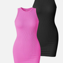 OQQ Women's 2 Piece Dress Sexy Ribbed Halter Neck Fashion Split Tank Tops Dresses Black Candypink XL