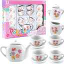 16 Piece Rose Flower Miniature Porcelain Ceramic Tea Set | Kids Toy Mini Pretend Play Kitchen Decorated Playset | Small Party Accessories Teapot, Cups, Sugar Bowl and Creamer