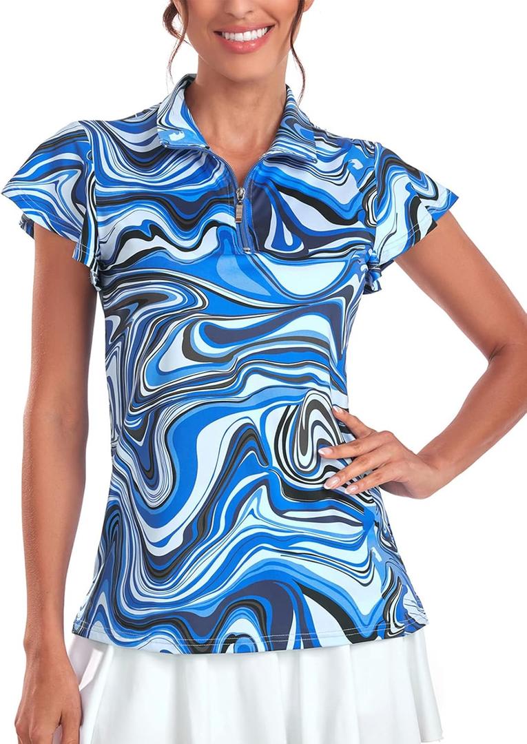 Tanst Sky Women's Golf Polo Shirts Zip Up Ruffles Short Sleeve Workout Tops Quick Dry (XX-Large, Blue Wave)