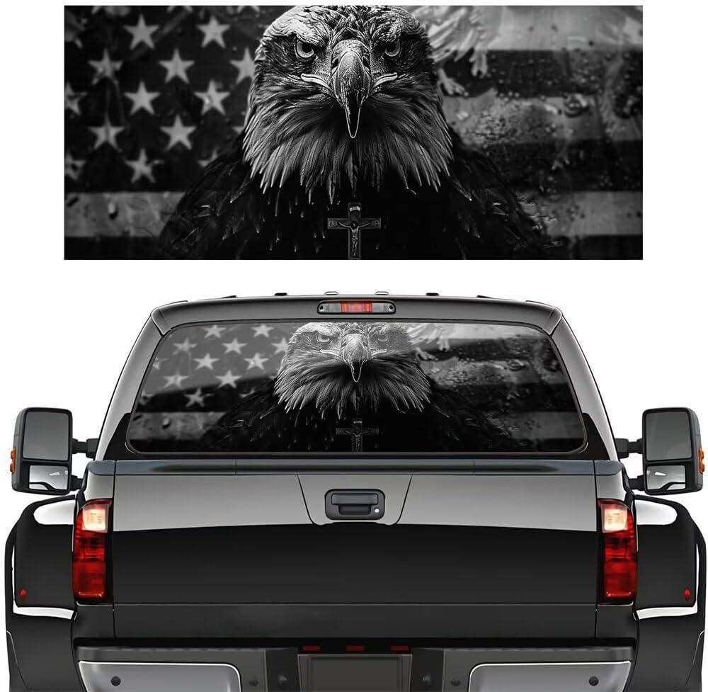 Black Gray Eagle Rear Window Decals for Trucks, American Flag Back Window Sticker Fit Most Pickup Trucks SUV, USA Flag Rear Window Graphics Vinyl Decal for Car Decoration, 66" x 20"