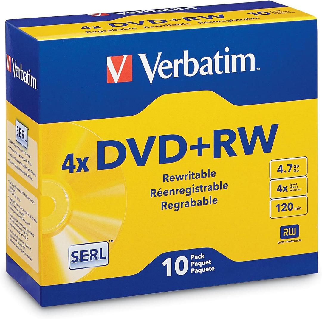 Verbatim DVD+RW 4.7GB 120Min Up to 4X Blank Discs Rewritable Up to 1000 Times - 10pk Slim Case