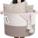 Large Blanket Basket for Organizing,65L Closet Organizers and Storage Bins Box for Shelves Woven Rope Storage Baskets,Living Room,Bedroom,Dorm,Laundry room (White&Brown)