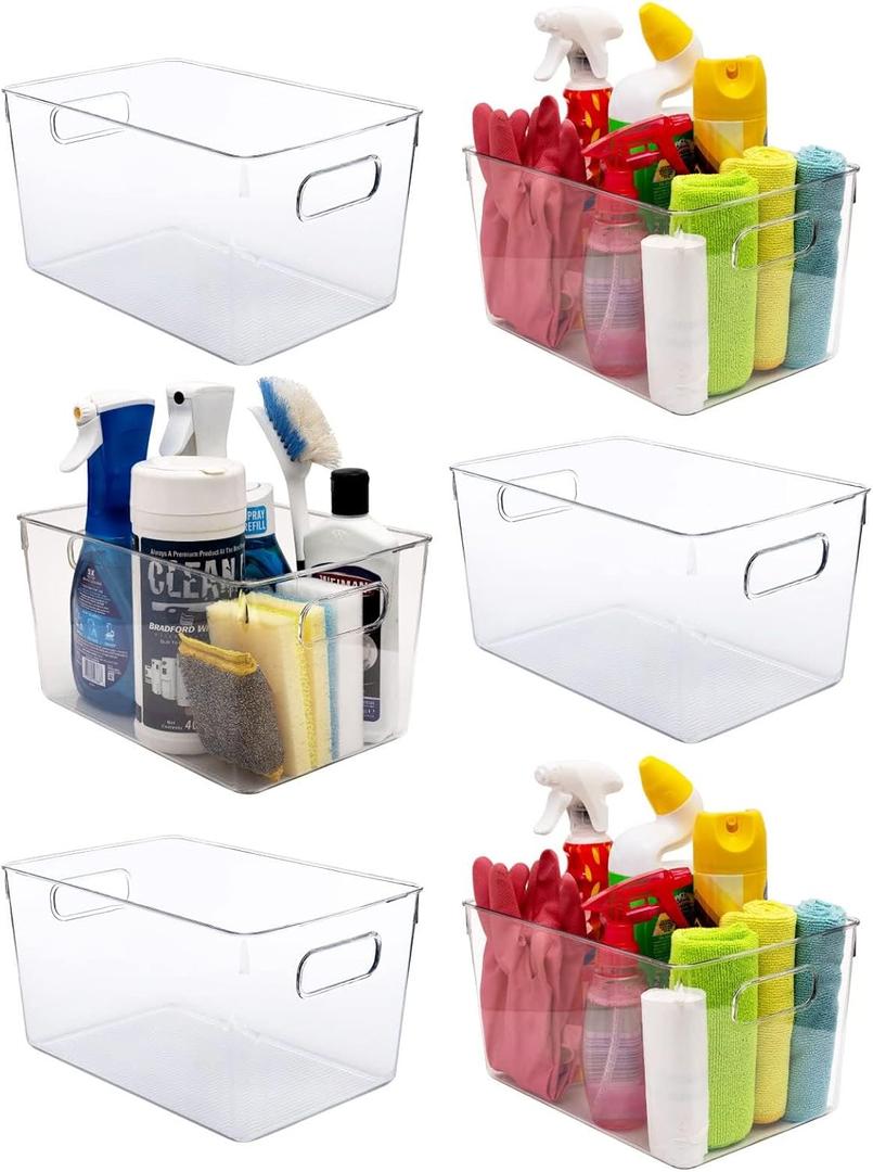 Clear Plastic Storage Bins, Perfect for Kitchen Organization or Pantry Organization and Storage, Laundry Room, Fridge, Freezer Organizer Plastic Storage Containers for Organizing, Cabinet Organizers (11 x 7.5 x 6)