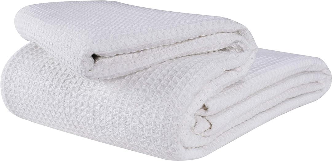 Glamburg 100% Cotton Thermal Bed Blanket, Soft Waffle King Size, All Season, White (King (90"x102"))