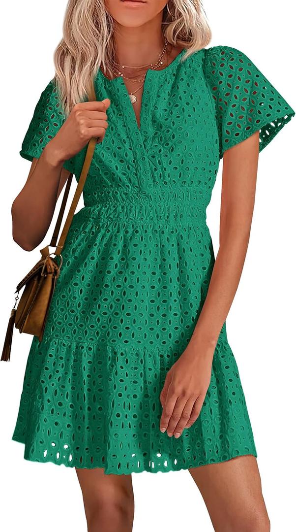 PRETTYGARDEN Womens 2025 Summer Short Dress V Neck Short Sleeve A Line Hollow Out Lace Ruffle Cute Casual Beach Party Dresses (Dark Green, Large)