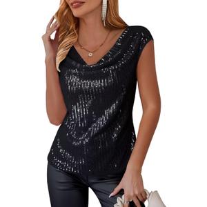 FOLUNSI Womens Sparkly Sequin Tops Cowl Neck Cap Sleeve Glitter Evening Cocktail Blouse Party Shirt (Black)