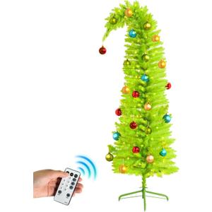 6FT Whimsical Christmas Tree Prelit, Artificial Bent Lime Green Christmas Tree with Lights and Ball Ornaments Metal Base for Xmas Holiday Party Supplies Decor Indoor