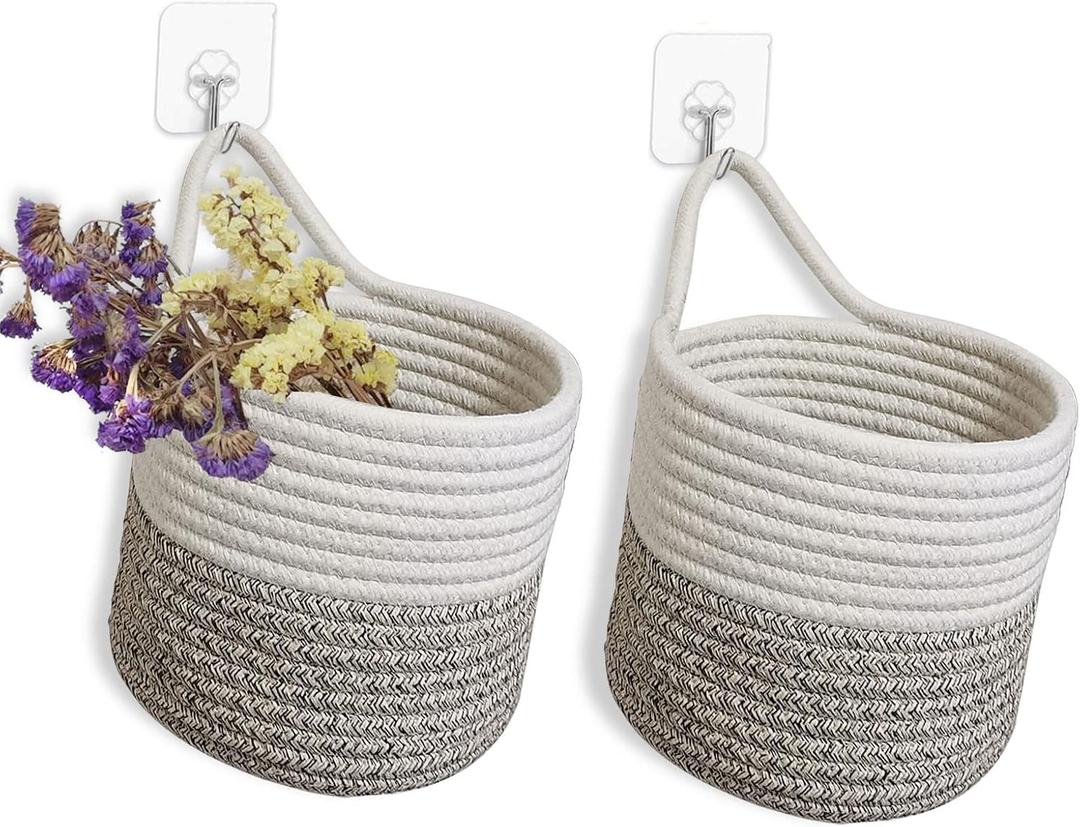 2 Pack Small Hanging Basket,wall hanging baskets with hooks,small hanging storage basket with handle for Porch Living Room Bedroom Entryway Wall Decor,Home Dcor for Plants(White & Brown)