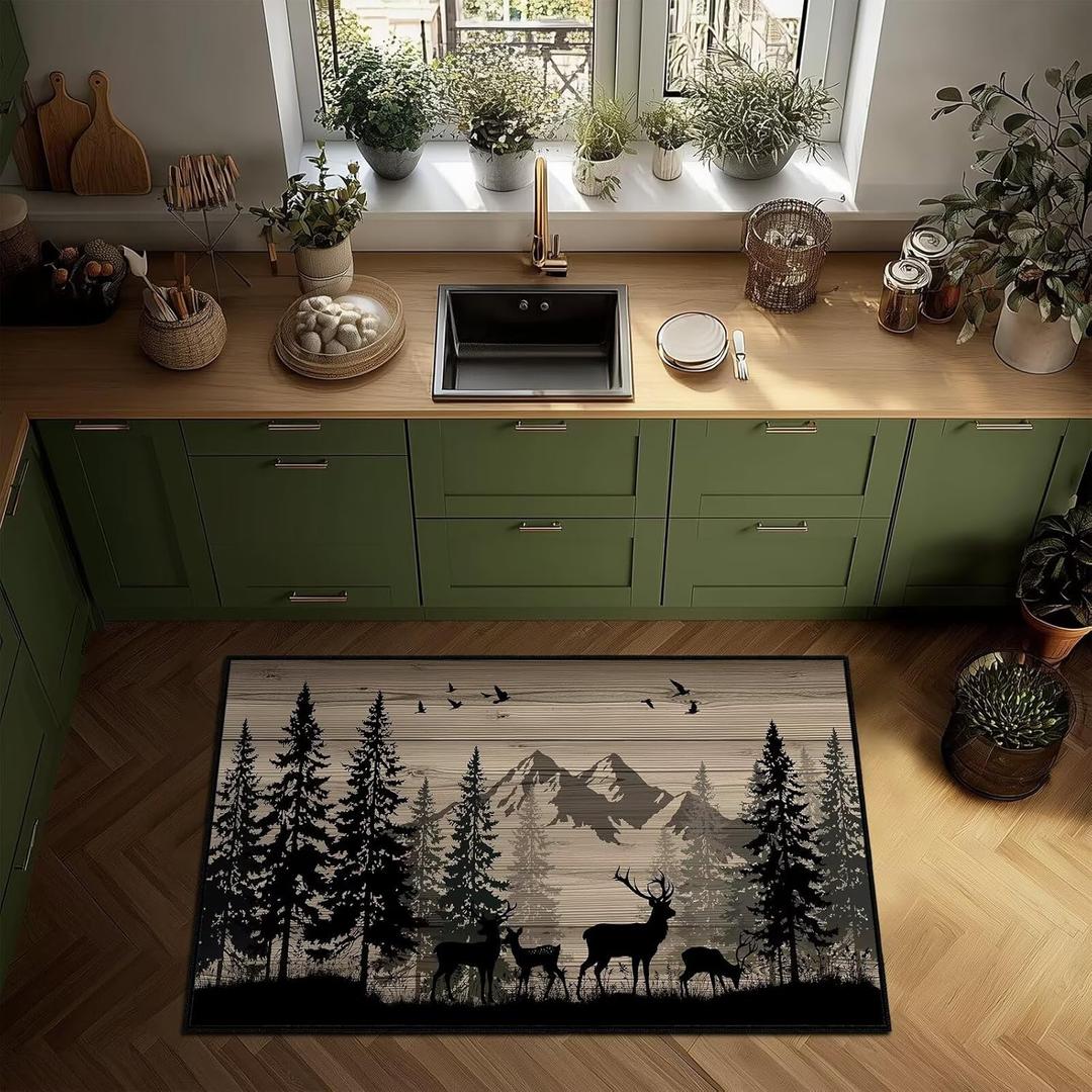 Rustic Area Rug 3x5 Rugs for Bedroom,Deer Country Wildlife Cabin,Ultra-Thin Washable Throw Carpet Vintage Entryway Rug Indoor Door Mat Non Slip Accent Floor Carpets for Bedside,Living Room,Bathroom (Black Khaki)