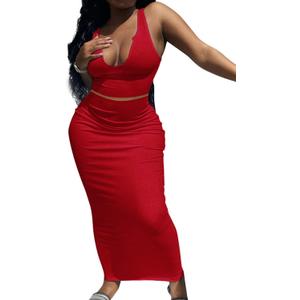 2 Piece Outfit Maxi Dress for Women, Summer Deep U Neck Sleeveless Tank Crop Tops Long Skirt Set Party Bodycon Dresses (Red, M)