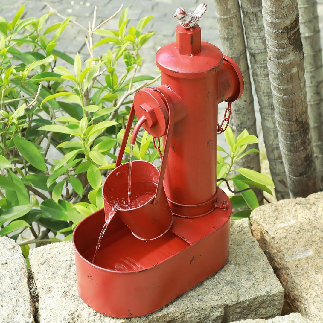 Metal Fire Hydrant Solar Water Fountain with Backup Battery,Solar Powered Water Fountain Outdoor,Solar Fountain Bird Bath for Garden, Patio & Yard Decor,Working at Night for at Least 6 Hours (red)