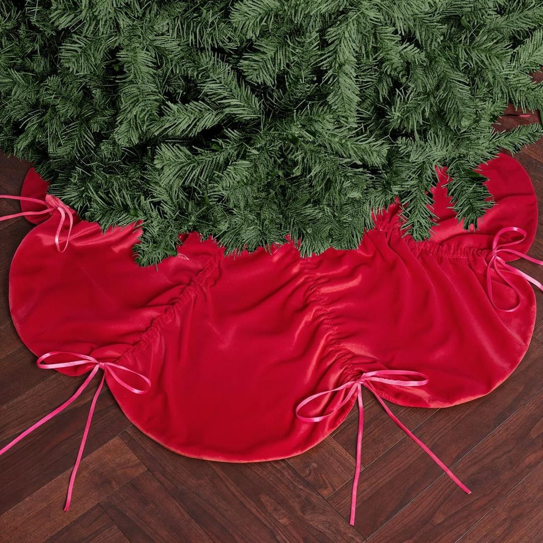 xo, Fetti Red Velvet Christmas Tree Skirt | 41" | Pinkmas Holiday Decorations, Merry Xmas Party Accessory, Girly Tree Stand Collar Blanket, Ruching Details