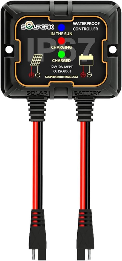 SOLPERK MPPT Solar Charge Controller 10A 12V, Waterproof Intelligent Portable Controller IP67 Solar Panel Controllers for AGM, Gel, Flooded and Lithium Battery