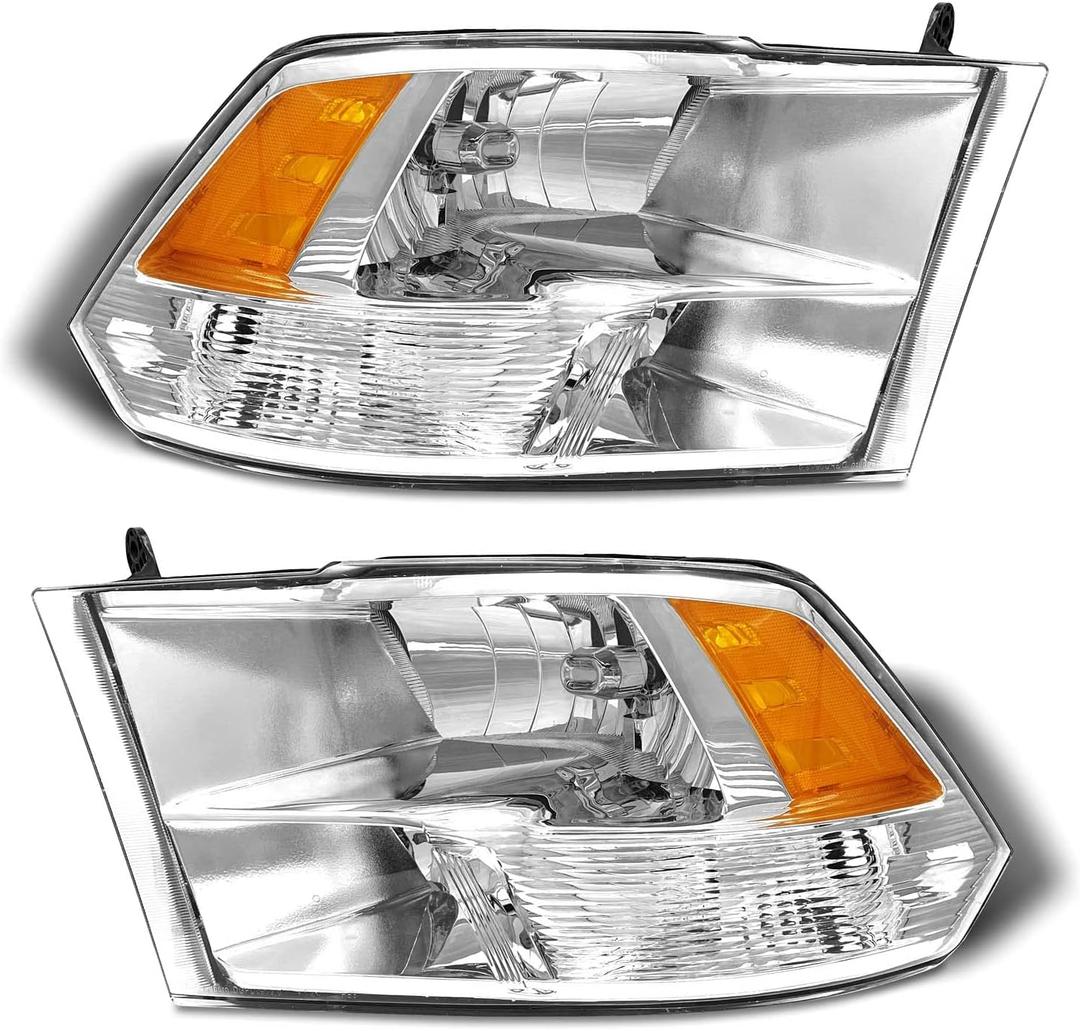 for 2009 2010 2011 2012 2013 2014 2015 2016 2017 2018 Dodge Ram Headlight Assembly compatible with 09-18 Ram 1500/10-18 Ram 2500 3500 Chrome Housing Amber Reflector Headlamp Replacement