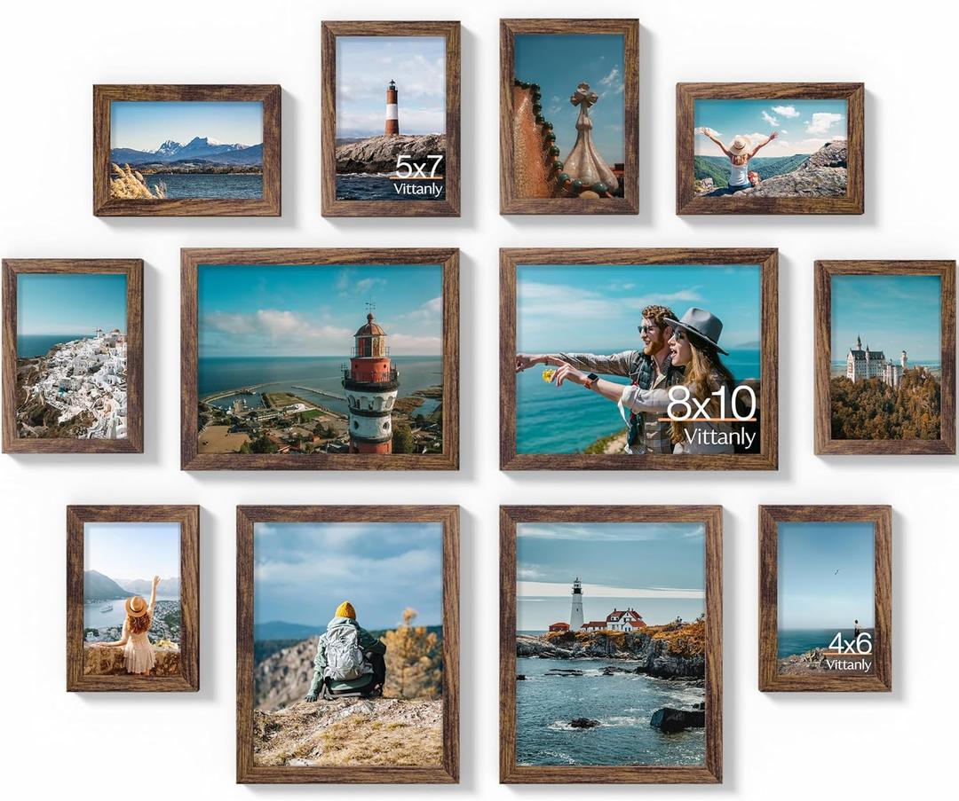 Vittanly 12 Pack Picture Frames Collage Wall Decor for Mounting or Tabletop Display, Gallery Wall Frame Set for Family, Multi Sizes Including 4pcs 8x10, 4pcs 5x7, 4pcs 4x6, Brown