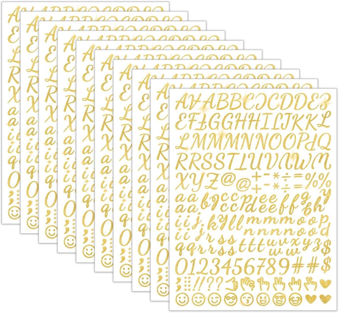 1730 Alphabet Letter Stickers, 10 Sheets Self Adhesive Monogram Stickers Upgraded Cute Handwriting Letter Vinyl Stickers for DIY Crafts Art Making Cards Notebook Decor (Glitter Gold)