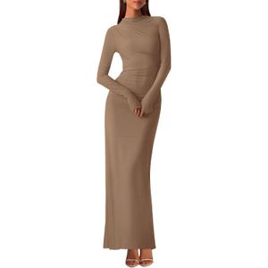 BTFBM Women Bodycon Maxi Dress Fall 2025 Long Sleeve Ruched Elegant Party Cocktail Formal Wedding Guest Dresses (Brown, XL)