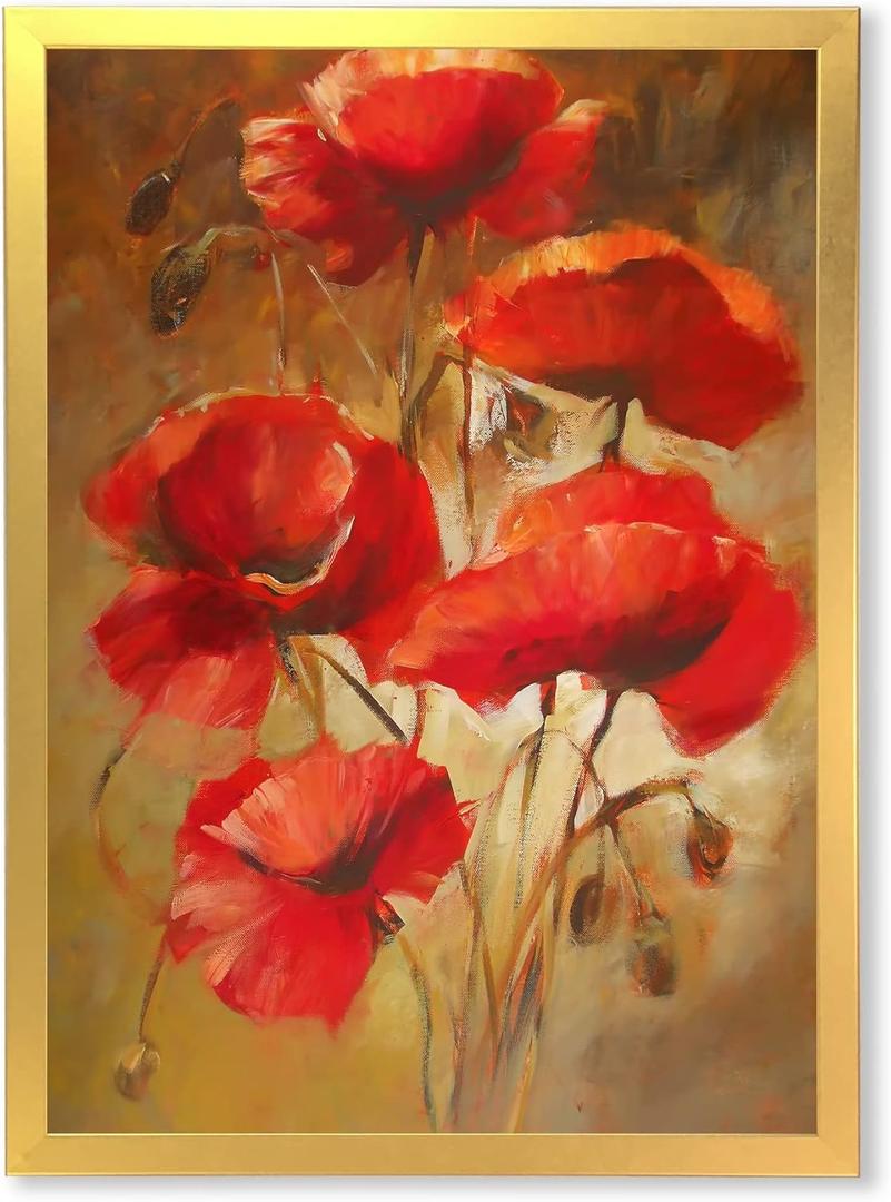 Red Blossoming Poppies IV  Traditional Framed Canvas Wall Art Print, Classic Floral Artwork, 30x40
