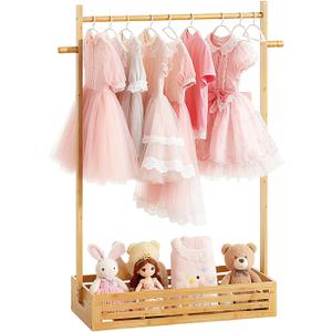 BAMBOOHOMIE Kids Clothing Rack for Toddler, Pets Clothes Rack with Storage Box & Hanging Rod for Dogs/Cats, Baby Clothes Closet Stand for Nursery Room (Natural, Kids)